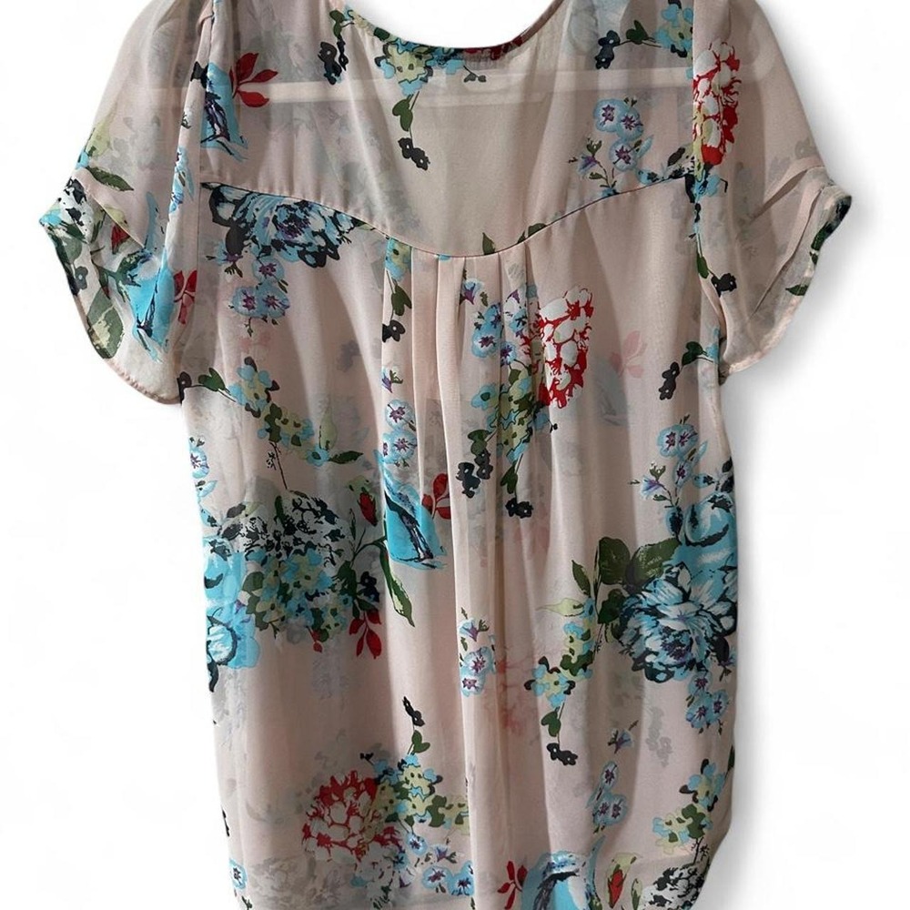 Daniel Rainn Blouse Womens Medium Pink Floral V-Neck Short Sleeve Pleated Top - Picture 5 of 6